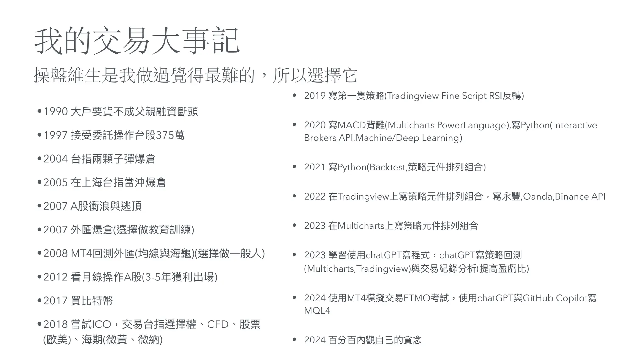 操盤維
生
是我做過覺得最難的，所以選擇它
我的交易
大
事記
•1990
大
戶
要貨不成
父
親融資斷頭
•1997 接受委託操作台股375萬
•2004 台指兩顆
子
彈爆倉
•2005 在上海台指當沖爆倉
•2007 A股衝浪與逃頂
•2007 外匯爆倉(選擇做教育訓練)
•2008 MT4回測外匯(均線與海
龜
)(選擇做
一
般
人
)
•2012 看
月
線操作A股(3-5年獲利出場)
•2017 買比特幣
•2018 嘗試ICO，交易台指選擇權、CFD、股票
(歐美)、海期(微黃、微納)
• 2019 寫第
一
隻策略(Tradingview Pine Script RSI反轉)
• 2020 寫MACD背離(Multicharts PowerLanguage),寫Python(Interactive
Brokers API,Machine/Deep Learning)
• 2021 寫Python(Backtest,策略元件排列組合)
• 2022 在Tradingview上寫策略元件排列組合，寫永豐,Oanda,Binance API
• 2023 在Multicharts上寫策略元件排列組合
• 2023 學習使
用
chatGPT寫程式，chatGPT寫策略回測
(Multicharts,Tradingview)與交易紀錄分析(提
高
盈虧比)
• 2024 使
用
MT4模擬交易FTMO考試，使
用
chatGPT與GitHub Copilot寫
MQL4
• 2024 百分百內觀
自
己
的貪念
 