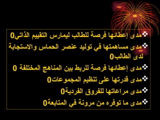 
‫الذاتي‬ ‫التقييم‬ ‫ليمارس‬ ‫للطالب‬ ‫فرصة‬ ‫إعطائها‬ ‫مدى‬
0

‫واالستجابة‬ ‫الحماس‬ ‫عنصر‬ ‫توليد‬ ‫في‬ ‫مساهمتها‬ ‫مدى‬
‫الطالب‬ ‫لدى‬
0

‫المختلفة‬ ‫المناهج‬ ‫بين‬ ‫للربط‬ ‫فرصة‬ ‫إعطائها‬ ‫مدى‬
0

‫المجموعات‬ ‫تنظيم‬ ‫على‬ ‫قدرتها‬ ‫مدى‬
0

‫الفردية‬ ‫للفروق‬ ‫مراعاتها‬ ‫مدى‬
0

‫المتابعة‬ ‫في‬ ‫مرونة‬ ‫من‬ ‫توفره‬ ‫ما‬ ‫مدى‬
0
 