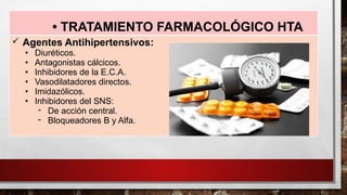 • TRATAMIENTO FARMACOLÓGICO HTA
 Agentes Antihipertensivos:
• Diuréticos.
• Antagonistas cálcicos.
• Inhibidores de la E.C.A.
• Vasodilatadores directos.
• Imidazólicos.
• Inhibidores del SNS:
- De acción central.
- Bloqueadores B y Alfa.
 