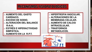 o AUMENTO DEL GASTO
CARDIACO.
o EXCESO DE SODIO.
o ALTERACIÓN DEL BALANCE
R-A-A.
o ESTRÉS E HIPERACTIVIDAD
SIMPÁTICA.
o AUMENTO EN LA R.P.T.
o HIPERTROFIA VASCULAR.
o ALTERACIONES DE LA
MEMBRANA CELULAR.
o AUMENTO DE CALCIO
INTRACELULAR.
o TRASTORNOS
METABOLICOS.
 