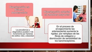 La prevalencia y
diagnostico pueden ir de
incremento por factores
de estilos vida y obesidad
En el proceso de
envejecimiento las
arterias(aorta) aumenta la
rigidez; por remplazo de las
fibras de colágeno y
disminución de sensibilidad de
los barorreceptores.
 