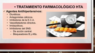 • TRATAMIENTO FARMACOLÓGICO HTA
✓ Agentes Antihipertensivos:
• Diuréticos.
• Antagonistas cálcicos.
• Inhibidores de la E.C.A.
• Vasodilatadores directos.
• Imidazólicos.
• Inhibidores del SNS:
- De acción central.
- Bloqueadores B y Alfa.
 