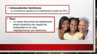 ✓ Raza:
• La mayor frecuencia de hipertensión
arteria sistémica con rasgos de
malignidad es en raza
negra(personas con derechos).
 