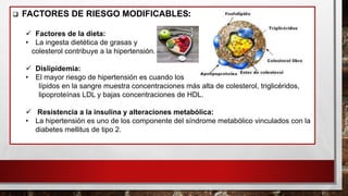 ❑ FACTORES DE RIESGO MODIFICABLES:
✓ Factores de la dieta:
• La ingesta dietética de grasas y
colesterol contribuye a la hipertensión.
✓ Dislipidemia:
• El mayor riesgo de hipertensión es cuando los
lípidos en la sangre muestra concentraciones más alta de colesterol, triglicéridos,
lipoproteínas LDL y bajas concentraciones de HDL.
✓ Resistencia a la insulina y alteraciones metabólica:
• La hipertensión es uno de los componente del síndrome metabólico vinculados con la
diabetes mellitus de tipo 2.
 
