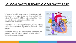 I.C. CON GASTO ELEVADO O CON GASTO BAJO
En la mayoría de los pacientes con I,C, el gasto C. está
disminuido no es capaz de elevarse durante el ejercicio,
esto suele ser cuando la I.C. es secundaria a Isquemia, a
una hipertensión arterial, miocardiopatias o
enfermedades valvulares.
Sin embargo en I.C. con hipertiroidismo, anemia, fístulas
arteriovenosas, beriberi, el gasto cardiaco tiende a estar
elevado.
Minimiza el valor de esta clasificación el hecho de que el
diagnostico se efectua por la clinica y no por el valor
absoluto del gasto cardiaco.
 