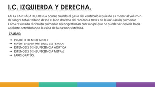 I.C. IZQUIERDA Y DERECHA.
FALLA CARDIACA IZQUIERDA ocurre cuando el gasto del ventrículo izquierdo es menor al volumen
de sangre total recibido desde el lado derecho del corazón a través de la circulación pulmonar.
Como resultado el circuito pulmonar se congestionan con sangre que no puede ser movida hacia
adelante determinando la caída de la presión sistémica.
CAUSAS:
➔ INFARTO DE MIOCARDIO
➔ HIPERTENSION ARTERIAL SISTEMICA
➔ ESTENOSIS O INSUFICIENCIA AÓRTICA
➔ ESTENOSIS O INSUFICIENCIA MITRAL
➔ CARDIOPATÍAS.
 