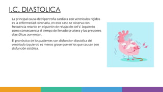 I.C. DIASTOLICA
La principal causa de hipertrofia cardiaca con ventriculos rigidos
es la enfermedad coronaria, en este caso se observa con
frecuencia retardo en el patrón de relajación del V. Izquierdo
como consecuencia el tiempo de llenado se altera y las presiones
diastólicas aumentan.
El pronóstico de los pacientes son disfuncion diastolica del
ventriculo izquierdo es menos grave que en los que causan con
disfunción sistólica.
 