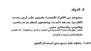 8
.
‫الدولة‬
) (
‫والحكومة‬ ،‫واألرض‬ ،‫ب‬‫الشع‬ ‫ي‬‫ه‬ ‫يسية‬‫التأس‬ ‫ة‬‫الدول‬ ‫مقومات‬ ‫ر‬‫عناص‬
.
‫ر‬‫العناص‬ ‫ا‬‫أم‬
‫واالعترا‬ ‫السيادة‬ ‫فتشمل‬ ‫اإلضافية‬
.‫ف‬
‫األفراد‬ ‫من‬ ‫مجموعة‬
(
‫الشع‬
)‫ب‬
‫يقيمون‬
‫محددة‬ ‫أرض‬ ‫على‬
(
)‫م‬ ‫أقلي‬
‫فة‬ ‫بص‬
،‫ياسي‬ ‫س‬ ‫م‬ ‫لتنظي‬ ‫ويخضعون‬ ،‫ة‬ ‫دائم‬
‫معين‬ ‫واجتماعي‬ ،‫وقانوني‬
.
:‫الحكومة‬
‫القوة‬ ‫استخدام‬ ‫بحق‬ ‫تتمتع‬ ‫عليا‬ ‫سلطة‬
 