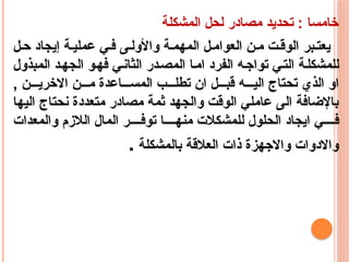 ‫المشكلة‬ ‫لحل‬ ‫مصادر‬ ‫تحديد‬ : ‫خامسا‬
‫ل‬‫ح‬ ‫إيجاد‬ ‫ة‬‫عملي‬ ‫ي‬‫ف‬ ‫ى‬‫واألول‬ ‫ة‬‫المهم‬ ‫ل‬‫العوام‬ ‫ن‬‫م‬ ‫ت‬‫الوق‬ ‫بر‬‫يعت‬
‫المبذول‬ ‫د‬‫الجه‬ ‫فهو‬ ‫الثاني‬ ‫در‬‫المص‬ ‫اما‬ ‫الفرد‬ ‫ه‬‫تواج‬ ‫ي‬‫الت‬ ‫ة‬‫للمشكل‬
, ‫ن‬ ‫االخري‬ ‫ن‬ ‫م‬ ‫اعدة‬ ‫المس‬ ‫ب‬ ‫تطل‬ ‫ان‬ ‫ل‬ ‫قب‬ ‫ه‬ ‫الي‬ ‫تحتاج‬ ‫الذي‬ ‫او‬
‫اليها‬ ‫نحتاج‬ ‫متعددة‬ ‫مصادر‬ ‫ثمة‬ ‫والجهد‬ ‫الوقت‬ ‫عاملي‬ ‫الى‬ ‫باإلضافة‬
‫والمعدات‬ ‫الالزم‬ ‫المال‬ ‫ر‬ ‫توف‬ ‫ا‬ ‫منه‬ ‫للمشكالت‬ ‫الحلول‬ ‫ايجاد‬ ‫ي‬ ‫ف‬
‫بالمشكلة‬ ‫العالقة‬ ‫ذات‬ ‫واالجهزة‬ ‫واالدوات‬
.
 