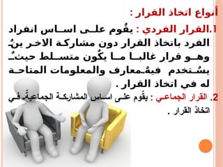 : ‫القرار‬ ‫اتخاذ‬ ‫أنواع‬
.1
: ‫الفردي‬ ‫القرار‬
‫انفراد‬ ‫اس‬ ‫اس‬ ‫ى‬ ‫عل‬ ‫وم‬ٌ‫يق‬
ٌ‫ين‬ ‫ر‬ ‫االخ‬ ‫ة‬ ‫مشارك‬ ‫دون‬ ‫القرار‬ ‫باتخاذ‬ ‫الفرد‬
ٌ ‫حيث‬ ‫لط‬ ‫متس‬ ‫ون‬ٌ‫ك‬‫ي‬ ‫ا‬ ‫م‬ ‫ا‬ ‫غالب‬ ‫قرار‬ ‫و‬ ‫وه‬
‫ة‬ ‫المتاح‬ ‫والمعلومات‬ ‫معارف‬ ٌ‫فيه‬ ‫تخدم‬ ٌ‫يس‬
. ‫القرار‬ ‫اتخاذ‬ ‫في‬ ‫له‬
.2
: ‫ي‬ ‫الجماع‬ ‫القرار‬
‫ي‬ ‫ف‬ ٌ
‫الجماعية‬ ‫ة‬ ‫المشارك‬ ‫اس‬ ‫اس‬ ‫ى‬ ‫عل‬ ‫وم‬ٌ
‫ق‬‫ي‬
. ‫القرار‬ ‫اتخاذ‬
 