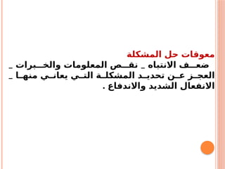‫المشكلة‬ ‫حل‬ ‫معوقات‬
_ _
‫برات‬ ‫والخ‬ ‫المعلومات‬ ‫ص‬ ‫نق‬ ‫االنتباه‬ ‫ف‬ ‫ضع‬
_ ‫ا‬ ‫منه‬ ‫ي‬ ‫يعان‬ ‫ي‬ ‫الت‬ ‫ة‬ ‫المشكل‬ ‫د‬ ‫تحدي‬ ‫ن‬ ‫ع‬ ‫ز‬ ‫العج‬
. ‫واالندفاع‬ ‫الشديد‬ ‫االنفعال‬
 
