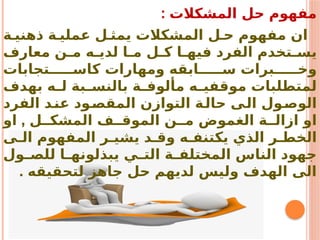 : ‫المشكالت‬ ‫حل‬ ‫مفهوم‬
‫ة‬ ‫ذهني‬ ‫ة‬ ‫عملي‬ ‫ل‬ ‫يمث‬ ‫المشكالت‬ ‫ل‬ ‫ح‬ ‫مفهوم‬ ‫ان‬
‫معارف‬ ‫ن‬ ‫م‬ ‫ه‬ ‫لدي‬ ‫ا‬ ‫م‬ ‫ل‬ ‫ك‬ ‫ا‬ ‫فيه‬ ‫الفرد‬ ‫تخدم‬ ‫يس‬
‫تجابات‬ ‫كاس‬ ‫ومهارات‬ ‫ابقه‬ ‫س‬ ‫برات‬ ‫وخ‬
‫بهدف‬ ‫ه‬ ‫ل‬ ‫بة‬ ‫بالنس‬ ‫ة‬ ‫مألوف‬ ‫ه‬ ‫موقفي‬ ‫لمتطلبات‬
‫الفرد‬ ‫د‬‫عن‬ ‫ود‬‫المقص‬ ‫التوازن‬ ‫ة‬‫حال‬ ‫ى‬‫ال‬ ‫ول‬‫الوص‬
,
‫او‬ ‫ل‬ ‫المشك‬ ‫ف‬ ‫الموق‬ ‫ن‬ ‫م‬ ‫الغموض‬ ‫ة‬ ‫ازال‬ ‫او‬
‫ى‬ ‫ال‬ ‫المفهوم‬ ‫ر‬ ‫يشي‬ ‫د‬ ‫وق‬ ‫ه‬ ‫يكتنف‬ ‫الذي‬ ‫ر‬ ‫الخط‬
‫ول‬ ‫للص‬ ‫ا‬ ‫يبذلونه‬ ‫ي‬ ‫الت‬ ‫ة‬ ‫المختلف‬ ‫الناس‬ ‫جهود‬
. ‫لتحقيقه‬ ‫جاهز‬ ‫حل‬ ‫لديهم‬ ‫وليس‬ ‫الهدف‬ ‫الى‬
 