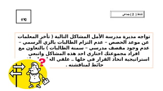 ( ‫نشاط‬
2
‫جماعي‬ )
˾
ΎΩ
ϕ ϗ
(
‫المعلمات‬ ‫تأخر‬ ‫التالية‬ ‫المشاكل‬ ‫األمل‬ ‫مدرسة‬ ‫مديرة‬ ‫تواجه‬
– –
‫الرسمي‬ ‫بالزي‬ ‫الطالبات‬ ‫التزام‬ ‫عدم‬ ‫الحصص‬ ‫موعد‬ ‫عن‬
) –
‫مع‬ ‫بالتعاون‬ ‫الطالبات‬ ‫سمنة‬ ‫مدرسي‬ ‫مقصف‬ ‫وجود‬ ‫عدم‬
‫واتبعي‬ ‫المشاكل‬ ‫هذه‬ ‫احد‬ ‫اختاري‬ ‫مجموعتك‬ ‫افراد‬
..
‫اقرب‬ ‫على‬ ‫الحل‬ ‫علقي‬ ‫حلها‬ ‫في‬ ‫القرار‬ ‫اتخاذ‬ ‫استراتيجية‬
. ‫لمناقشته‬ ‫حائط‬
 