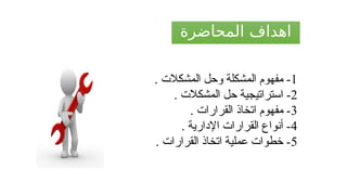 ‫المحاضرة‬ ‫اهداف‬
1
. ‫المشكالت‬ ‫وحل‬ ‫المشكلة‬ ‫مفهوم‬ -
2
. ‫المشكالت‬ ‫حل‬ ‫استراتيجية‬ -
3
. ‫القرارات‬ ‫اتخاذ‬ ‫مفهوم‬ -
4
. ‫اإلدارية‬ ‫القرارات‬ ‫أنواع‬ -
5
. ‫القرارات‬ ‫اتخاذ‬ ‫عملية‬ ‫خطوات‬ -
 