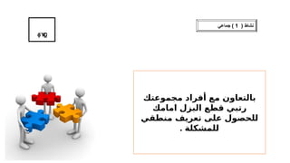 ( ‫نشاط‬
1
‫جماعي‬ )
˾
ΎΩ
ϕ ϗ
‫مجموعتك‬ ‫أفراد‬ ‫مع‬ ‫بالتعاون‬
‫امامك‬ ‫البزل‬ ‫قطع‬ ‫رتبي‬
‫منطقي‬ ‫تعريف‬ ‫على‬ ‫للحصول‬
. ‫للمشكلة‬
 