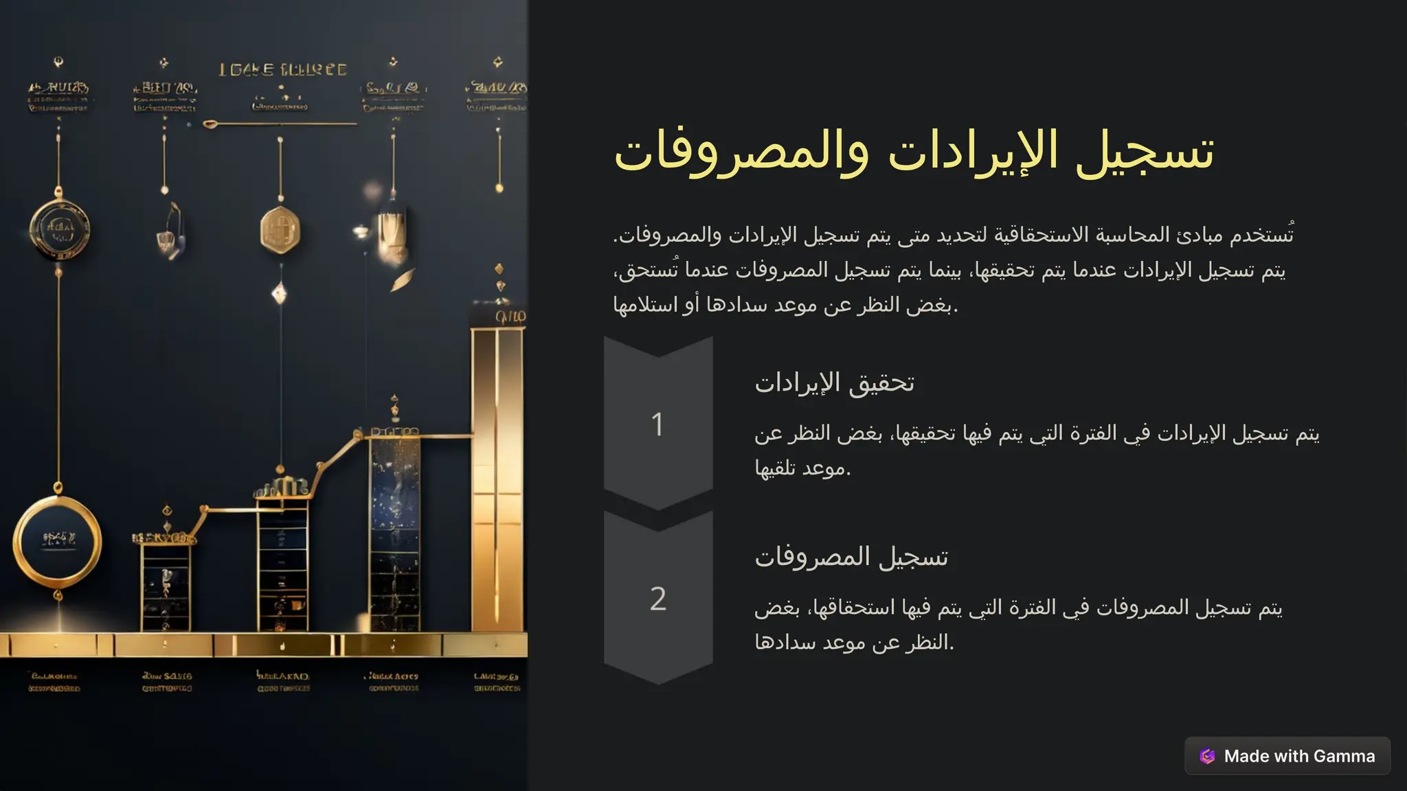 ‫والمصروفات‬ ‫اإليرادات‬ ‫تسجيل‬
.‫والمصروفات‬ ‫اإليرادات‬ ‫تسجيل‬ ‫يتم‬ ‫متى‬ ‫لتحديد‬ ‫االستحقاقية‬ ‫المحاسبة‬ ‫مبادئ‬ ‫ُستخدم‬‫ت‬
،‫ُستحق‬‫ت‬ ‫عندما‬ ‫المصروفات‬ ‫تسجيل‬ ‫يتم‬ ‫بينما‬ ،‫تحقيقها‬ ‫يتم‬ ‫عندما‬ ‫اإليرادات‬ ‫تسجيل‬ ‫يتم‬
‫استالمها‬ ‫أو‬ ‫سدادها‬ ‫موعد‬ ‫عن‬ ‫النظر‬ ‫بغض‬.
‫اإليرادات‬ ‫تحقيق‬
‫عن‬ ‫النظر‬ ‫بغض‬ ،‫تحقيقها‬ ‫فيها‬ ‫يتم‬ ‫التي‬ ‫الفترة‬ ‫في‬ ‫اإليرادات‬ ‫تسجيل‬ ‫يتم‬
‫تلقيها‬ ‫موعد‬.
‫المصروفات‬ ‫تسجيل‬
‫بغض‬ ،‫استحقاقها‬ ‫فيها‬ ‫يتم‬ ‫التي‬ ‫الفترة‬ ‫في‬ ‫المصروفات‬ ‫تسجيل‬ ‫يتم‬
‫سدادها‬ ‫موعد‬ ‫عن‬ ‫النظر‬.
 