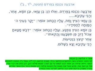 )' , " , (
‫ב‬ ‫ד‬ ‫י‬ ‫חגיגה‬ ‫בפרדס‬ ‫נכנסו‬ ‫ארבעה‬
,‫ֵר‬‫ח‬ַ‫א‬ ,‫ָא‬‫מ‬ֹ‫ו‬‫ז‬ ‫ֶן‬‫ב‬
ּ ‫ו‬ ,‫ַּאי‬ ‫ַז‬‫ע‬ ‫ֶן‬ּ‫ב‬ :‫ֵן‬‫ה‬ּ ‫ּו‬‫ֵל‬‫א‬ְ ‫ו‬ ,‫ֵּס‬‫ְד‬‫ר‬ַּ‫פ‬ַּ‫ב‬ּ ‫ְסו‬‫ְנ‬‫כ‬ִ‫נ‬ ‫ָה‬‫ע‬ָּ‫ב‬ְ‫ר‬ַ‫א‬
.....‫ָא‬‫ב‬‫ִי‬‫ק‬ֲ‫ע‬ ‫ִי‬ּ‫ב‬ַ‫ר‬ְ ‫ו‬
‫ה׳‬ ‫ֵי‬‫ֵינ‬‫ע‬ְּ‫ב‬ ‫ָר‬‫ק‬
ָ ‫״י‬ :‫ֵר‬‫מ‬ֹ‫ו‬‫א‬ ‫ב‬
ּ ‫ָתו‬ּ‫ַכ‬‫ה‬ ‫ָיו‬‫ל‬ָ‫ע‬ ,‫ֵת‬‫מ‬ָ ‫ו‬ ‫ִיץ‬‫צ‬ֵ‫ה‬ ‫ַּאי‬ ‫ַז‬‫ע‬ ‫ֶן‬ּ‫ב‬
.‫ָיו״‬‫ד‬‫ִי‬‫ס‬ֲ‫ח‬ַ‫ל‬ ‫ָה‬‫ת‬ְ ‫ָו‬ּ‫מ‬ַ‫ה‬
ָ‫ת‬‫ָא‬‫צ‬ָ‫מ‬ ׁ‫ש‬ַ‫ב‬ְּ‫״ד‬ :‫ֵר‬‫מ‬ֹ‫ו‬‫א‬ ‫ב‬
ּ ‫ָתו‬ּ‫ַכ‬‫ה‬ ‫ָיו‬‫ל‬ָ‫ע‬ְ ‫ו‬ ,‫ַּע‬ ‫ְג‬‫פ‬ִ‫ְנ‬ ‫ו‬ ‫ִיץ‬‫צ‬ֵ‫ה‬ ‫ָא‬‫מ‬ֹ‫ו‬‫ז‬ ‫ֶן‬ּ‫ב‬
.‫ֹ״‬‫ו‬‫ֵאת‬‫ק‬ֲ‫ה‬ַ ‫ו‬ּ ‫ו‬
ּ ‫ֶנ‬‫ע‬ָּ‫ב‬ְׂ‫ש‬ִּ‫ת‬ ‫ֶן‬ּ‫פ‬ ָּ‫יך‬
ֶּ ‫ַּי‬‫ד‬ ‫ֹל‬‫ו‬‫ֱכ‬‫א‬
.‫ֹת‬‫ו‬‫ִיע‬‫ט‬ְ‫ִנ‬ּ‫ב‬ ‫ֵץ‬ּ ‫ִיצ‬‫ק‬ ‫ֵר‬‫ח‬ַ‫א‬
.‫ֹם‬‫ו‬‫ָל‬ׁ‫ש‬ְּ‫ב‬ ‫ָא‬‫צ‬
ָ ‫י‬ ‫ָא‬‫ב‬‫ִי‬‫ק‬ֲ‫ע‬ ‫ִי‬ּ‫ב‬ַ‫ר‬
=
‫אבויה‬ ‫בן‬ ‫אלישע‬ ‫אחר‬
,)' , " , , (
‫להפיכתו‬ ‫הסיבה‬ ‫ב‬ ‫עמוד‬ ‫ט‬ ‫ל‬ ‫דף‬ ‫קידושין‬ ‫מסכת‬ ‫בבלי‬ ‫תלמוד‬ ‫התלמודים‬ ‫בשני‬ ‫המופיע‬ ‫סיפור‬ ‫לפי‬
, .
‫אביו‬ ‫דברי‬ ‫את‬ ‫קיים‬ ‫הבן‬ ‫הקן‬ ‫שילוח‬ ‫מצוות‬ ‫לצורך‬ ‫עץ‬ ‫על‬ ‫לטפס‬ ‫לבנו‬ ‫אומר‬ ‫אב‬ ‫שראה‬ ‫הייתה‬ ‫לכופר‬
) ( .
‫בפירוש‬ ‫נאמר‬ ‫אב‬ ‫כיבוד‬ ‫ומצוות‬ ‫הקן‬ ‫שילוח‬ ‫מצוות‬ ‫אלו‬ ‫מצוות‬ ‫שתי‬ ‫שעל‬ ‫מכיוון‬ ‫ומת‬ ‫העץ‬ ‫מן‬ ‫נפל‬
‫בכפירה‬ ‫עיניו‬ ‫למראה‬ ‫אלישע‬ ‫הגיב‬ ‫ימים‬ ‫אריכות‬ ‫ששכרן‬ ‫בתורה‬
 