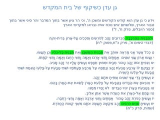 ‫המקדש‬ ‫בית‬ ‫של‬ ‫כשיקוף‬ ‫עדן‬ ‫גן‬
‫בתוך‬ ‫אשר‬ ‫סיני‬ ‫והר‬ ‫המדבר‬ ‫בתוך‬ ‫אשר‬ ‫ציון‬ ‫הר‬ ‫וכי‬ ,'‫ה‬ ‫ומשכן‬ ‫הקודשים‬ ‫קודש‬ ‫הוא‬ ‫עדן‬ ‫גן‬ ‫כי‬ ‫וידע‬
‫הארץ‬ ‫למקדשי‬ ‫נבראו‬ ‫אחיו‬ ‫נוכח‬ ‫איש‬ ‫שלושתם‬ ,‫הארץ‬ ‫טבור‬
)'‫ל‬ ,'‫ח‬ ‫פרק‬ ,‫היובלים‬ ‫(ספר‬
‫ָה‬‫ב‬ָּ‫ְכ‬‫ר‬ֶּ‫מ‬ַ‫ה‬ ‫ִית‬‫ְנ‬‫ב‬ַ‫ת‬ְ‫ל‬
ּ ‫ו‬
‫ָה‬ ‫הו‬
ְ ‫י‬-‫ִית‬‫ר‬ְּ‫ב‬ ‫ֹן‬‫ו‬‫ֲר‬‫א‬-‫ַל‬‫ע‬ ‫ִים‬‫כ‬ְ‫כ‬ֹ‫ס‬ְ ‫ו‬ ‫ִים‬ׂ‫ש‬ְ‫ר‬ֹ‫פ‬ְ‫ל‬ ‫ָב‬‫ה‬ָ ‫ז‬ ‫ִים‬‫ב‬
ּ ‫ְרו‬ּ‫ַכ‬‫ה‬
)‫י"ח‬ ‫פסוק‬,‫כ"ח‬ ‫פרק‬ ,'‫א‬ ‫הימים‬ ‫(דברי‬
‫ֵת‬‫א‬ ָ‫ְך‬‫ת‬ֹ‫ו‬‫א‬ ‫ֶה‬‫א‬ְ‫ר‬ַ‫מ‬ ‫ִי‬‫ֲנ‬‫א‬ ‫ֶר‬ׁ‫ש‬ֲ‫א‬ ‫ֹל‬‫כ‬ְּ‫כ‬ ‫ט‬
‫ָן‬ּ ‫ְכ‬ׁ‫ש‬ִּ‫מ‬ַ‫ה‬ ‫ִית‬‫ְנ‬‫ב‬ַּ‫ת‬
‫ֵת‬‫א‬ְ ‫ו‬
‫ָיו‬‫ל‬ֵּ‫כ‬-‫ָל‬ּ‫כ‬ ‫ִית‬‫ְנ‬‫ב‬ַּ‫ת‬
.
ּ ‫ׂו‬‫ש‬ֲ‫ע‬ַּ‫ת‬ ‫ֵן‬‫כ‬ְ ‫ו‬
.ֹ‫ו‬‫ָת‬‫מ‬ֹ‫ק‬ ‫ִי‬‫צ‬ֵ‫ח‬ָ ‫ו‬ ‫ָה‬ּ‫מ‬ַ‫א‬ְ ‫ו‬ ֹ‫ו‬ּ‫ב‬ְ‫ח‬ָ‫ר‬ ‫ִי‬‫צ‬ֵ‫ח‬ָ ‫ו‬ ‫ָה‬ּ‫מ‬ַ‫א‬ְ ‫ו‬ ֹ‫ו‬ּ‫ְכ‬‫ר‬ָ‫א‬ ‫ִי‬‫צ‬ֵ‫ח‬ָ ‫ו‬ ‫ִים‬ַ‫ת‬ָּ‫מ‬ַ‫א‬ ‫ִים‬ּ‫ט‬ִׁ‫ש‬ ‫ֵי‬‫צ‬ֲ‫ע‬ ‫ֹן‬‫ו‬‫ֲר‬‫א‬ּ ‫ׂו‬‫ש‬ָ‫ע‬ְ ‫ו‬ ‫י‬
.‫ִיב‬‫ב‬ָ‫ס‬ ‫ָב‬‫ה‬ָ ‫ז‬ ‫ֵר‬ ‫ז‬ ‫ָיו‬‫ל‬ָ‫ע‬ ָ‫ת‬‫ִי‬ׂ‫ש‬ָ‫ע‬ְ ‫ו‬ּ ‫ו‬
ּ ‫ֶנ‬ּ‫פ‬ַ‫צ‬ְּ‫ת‬ ‫ץ‬
ּ ‫ִחו‬‫מ‬
ּ ‫ו‬ ‫ִית‬ַּ‫ב‬ִ‫מ‬ ‫ֹר‬‫ו‬‫ָה‬‫ט‬ ‫ָב‬‫ה‬ָ ‫ז‬ ֹ‫ו‬‫ֹת‬‫א‬ ָ‫ת‬‫ִי‬ּ‫פ‬ִ‫צ‬ְ ‫ו‬ ‫יא‬
‫ֵי‬ּ‫ת‬ְׁ‫ש‬
ּ ‫ו‬ ‫ָת‬‫ח‬ֶ‫א‬ָ‫ה‬ ֹ‫ו‬‫ְע‬‫ל‬ַ‫צ‬-‫ַל‬‫ע‬ ‫ֹת‬‫ע‬ָּ‫ב‬ַ‫ט‬ ‫ֵי‬ּ‫ת‬ְׁ‫ש‬
ּ ‫ו‬ ‫ָיו‬‫ת‬ֹ‫מ‬ֲ‫ע‬ַּ‫פ‬ ‫ַע‬ּ‫ב‬ְ‫ר‬ַ‫א‬ ‫ַל‬‫ע‬ ‫ָה‬ּ‫ת‬ַ‫ת‬ָ‫ְנ‬ ‫ו‬ ‫ָב‬‫ה‬ָ ‫ז‬ ‫ֹת‬‫ע‬ְּ‫ב‬ַ‫ט‬ ‫ַע‬ּ‫ב‬ְ‫ר‬ַ‫א‬ ֹ‫ו‬ּ ‫ל‬ ָּ‫ת‬ְ‫ק‬ַ‫צ‬
ָ ‫י‬ְ ‫ו‬ ‫יב‬
.‫ִית‬‫ֵנ‬ּׁ‫ש‬ַ‫ה‬ ֹ‫ו‬‫ְע‬‫ל‬ַ‫צ‬-‫ַל‬‫ע‬ ‫ֹת‬‫ע‬ָּ‫ב‬ַ‫ט‬
.‫ָב‬‫ה‬ָ ‫ז‬ ‫ָם‬‫ת‬ֹ‫א‬ ָ‫ת‬‫ִי‬ּ‫פ‬ִ‫צ‬ְ ‫ו‬ ‫ִים‬ּ‫ט‬ִׁ‫ש‬ ‫ֵי‬‫צ‬ֲ‫ע‬ ‫ֵּי‬‫ַד‬‫ב‬ ָ‫ת‬‫ִי‬ׂ‫ש‬ָ‫ע‬ְ ‫ו‬ ‫יג‬
.‫ֶם‬‫ה‬ָּ‫ב‬ ‫ֹן‬‫ר‬ָ‫א‬ָ‫ה‬-‫ֶת‬‫א‬ ‫ֵאת‬ׂ‫ש‬ָ‫ל‬ ‫ֹן‬‫ר‬ָ‫א‬ָ‫ה‬ ‫ֹת‬‫ע‬ְ‫ל‬ַ‫צ‬ ‫ַל‬‫ע‬ ‫ֹת‬‫ע‬ָּ‫ב‬ַּ‫ט‬ַּ‫ב‬ ‫ִּים‬‫ַד‬ּ‫ב‬ַ‫ה‬-‫ֶת‬‫א‬ ָ‫ת‬‫ֵא‬‫ב‬ֵ‫ה‬ְ ‫ו‬ ‫יד‬
.
ּ ‫ו‬
ּ ‫ֶנ‬ּ‫מ‬ִ‫מ‬ּ ‫ֻרו‬‫ס‬
ָ ‫י‬ ‫ֹא‬‫ל‬ ‫ִּים‬‫ַד‬ּ‫ב‬ַ‫ה‬ּ ‫ְיו‬‫ה‬‫ִי‬ ‫ֹן‬‫ר‬ָ‫א‬ָ‫ה‬ ‫ֹת‬‫ע‬ְּ‫ב‬ַ‫ט‬ְּ‫ב‬ ‫טו‬
.ָ‫ֶיך‬‫ל‬ֵ‫א‬ ‫ֵן‬ּ‫ת‬ֶ‫א‬ ‫ֶר‬ׁ‫ש‬ֲ‫א‬ ‫ֻת‬‫ד‬ֵ‫ע‬ָ‫ה‬ ‫ֵת‬‫א‬ ‫ֹן‬‫ר‬ָ‫א‬ָ‫ה‬-‫ֶל‬‫א‬ ָּ‫ת‬ַ‫ת‬ָ‫ְנ‬ ‫ו‬ ‫טז‬
.ּ‫ה‬ָּ‫ב‬ְ‫ח‬ָ‫ר‬ ‫ִי‬‫צ‬ֵ‫ח‬ָ ‫ו‬ ‫ָה‬ּ‫מ‬ַ‫א‬ְ ‫ו‬ ּ‫ה‬ָּ‫ְכ‬‫ר‬ָ‫א‬ ‫ִי‬‫צ‬ֵ‫ח‬ָ ‫ו‬ ‫ִים‬ַ‫ת‬ָּ‫מ‬ַ‫א‬ ‫ֹר‬‫ו‬‫ָה‬‫ט‬ ‫ָב‬‫ה‬ָ ‫ז‬ ‫ֶת‬‫ר‬ֹּ‫פ‬ַ‫כ‬ ָ‫ת‬‫ִי‬ׂ‫ש‬ָ‫ע‬ְ ‫ו‬ ‫יז‬
ָ‫ת‬‫ִי‬ׂ‫ש‬ָ‫ע‬ְ ‫ו‬ ‫יח‬
‫ִים‬‫ב‬ֻ‫ר‬ְּ‫כ‬ ‫ִים‬ַ‫ְנ‬ׁ‫ש‬
.‫ֶת‬‫ר‬ֹּ‫פ‬ַּ‫ַכ‬‫ה‬ ‫ֹת‬‫ו‬‫ְצ‬‫ק‬ ‫ֵי‬‫ְנ‬ּׁ‫ש‬ִ‫מ‬ ‫ָם‬‫ת‬ֹ‫א‬ ‫ֶה‬ׂ‫ש‬ֲ‫ע‬ַּ‫ת‬ ‫ָה‬ׁ‫ש‬ְ‫ק‬ִ‫מ‬ ‫ָב‬‫ה‬ָ ‫ז‬
)‫כ"ח‬ ‫פרק‬ ,‫(שמות‬
 