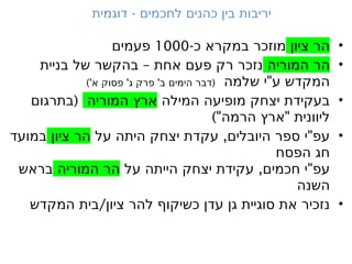 •
‫ציון‬ ‫הר‬
-‫כ‬ ‫במקרא‬ ‫מוזכר‬
1000
‫פעמים‬
•
‫המוריה‬ ‫הר‬
–
‫בניית‬ ‫של‬ ‫בהקשר‬ ‫אחת‬ ‫פעם‬ ‫רק‬ ‫נזכר‬
"
‫שלמה‬ ‫י‬ ‫ע‬ ‫המקדש‬
)' ' ' (
‫א‬ ‫פסוק‬ ‫ג‬ ‫פרק‬ ‫ב‬ ‫הימים‬ ‫דבר‬
•
‫המילה‬ ‫מופיעה‬ ‫יצחק‬ ‫בעקידת‬
‫המוריה‬ ‫ארץ‬
(
‫בתרגום‬
)" "
‫הרמה‬ ‫ארץ‬ ‫ליוונית‬
•
, "
‫על‬ ‫היתה‬ ‫יצחק‬ ‫עקדת‬ ‫היובלים‬ ‫ספר‬ ‫י‬ ‫עפ‬
‫ציון‬ ‫הר‬
‫במועד‬
‫הפסח‬ ‫חג‬
, "
‫על‬ ‫הייתה‬ ‫יצחק‬ ‫עקידת‬ ‫חכמים‬ ‫י‬ ‫עפ‬
‫המוריה‬ ‫הר‬
‫בראש‬
‫השנה‬
•
/
‫המקדש‬ ‫בית‬ ‫ציון‬ ‫להר‬ ‫כשיקוף‬ ‫עדן‬ ‫גן‬ ‫סוגיית‬ ‫את‬ ‫נזכיר‬
-
‫דוגמית‬ ‫לחכמים‬ ‫כהנים‬ ‫בין‬ ‫יריבות‬
 