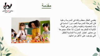 ‫وعليه‬ ‫المدرسة‬ ‫في‬ ‫وقته‬ ‫معظم‬ ‫الطفل‬ ‫يقضي‬
‫في‬ ‫أساسيا‬ ‫دورا‬ ‫تلعب‬ ‫المدرسية‬ ‫المرحلة‬ ‫فإن‬
‫البيئ‬ ‫وهي‬ ،‫وتطوره‬ ‫وتعليمه‬ ‫شخصيته‬ ‫بناء‬
‫ة‬
‫مجموع‬ ‫هناك‬ ‫لذا‬ ،‫المنزل‬ ‫بعد‬ ‫للتعلم‬ ‫له‬ ‫الثانية‬
‫ة‬
‫للطفل‬ ‫المناسبة‬ ‫المدرسة‬ ‫اختيار‬ ‫معايير‬ ‫من‬
‫مراعاتها‬ ‫األهل‬ ‫على‬ ‫يتوجب‬ ‫التي‬
.
‫مقدمة‬
 
