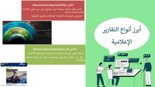 ‫أ‬
‫ﺑ‬
‫ﺮ‬
‫ز‬
‫أ‬
‫ﻧ‬
‫ﻮ‬
‫ا‬
‫ع‬
‫ا‬
‫ﻟ‬
‫ﺘ‬
‫ﻘ‬
‫ﺎ‬
‫ر‬
,
‫ﺮ‬
‫ا‬
‫ﻹ‬
‫ﻋ‬
‫ﻼ‬
‫ﻣ‬
1
‫ﺔ‬
‫ا‬
‫ﻟ‬
‫ﺘ‬
‫ﻘ‬
‫ﺎ‬
‫ر‬
'
‫ﺮ‬
‫ا‬
‫ﻟ‬
‫ﻮ‬
‫ﺛ‬
‫ﺎ‬
‫ﺋ‬
‫ﻘ‬
,
‫ﺔ‬
(Documentary Reports)
-
‫ﺗ‬
‫ﻘ‬
‫ﺪ‬
B
‫ﻢ‬
‫ﻧ‬
‫ﻈ‬
‫ﺮ‬
‫ة‬
‫ﺷ‬
‫ﺎ‬
‫ﻣ‬
‫ﻠ‬
‫ﺔ‬
‫و‬
‫ﻣ‬
‫ﻌ‬
‫ﻤ‬
‫ﻘ‬
‫ﺔ‬
‫ﺣ‬
‫ﻮ‬
‫ل‬
‫ﻣ‬
‫ﻮ‬
‫ﺿ‬
‰
‫ع‬
‫ﻣ‬
‫ﻌ‬
yz
{
‫ﻋ‬
Ž—
‫ﺗ‬
‫ﺼ‬
‰
V
‫ﺮ‬
‫ا‬
‫ﻷ‬
‫ﺣ‬
‫ﺪ‬
‫ا‬
‫ث‬
‫و‬
‫ﺗ‬
‫ﻘ‬
‫ﺪ‬
B
‫ﻢ‬
‫ر‬
‫و‬
‫ا‬
B
‫ﺎ‬
‫ت‬
‫ﻣ‬
G
‫ﺎ‬
s
t
‫ة‬
.
-
‫ﺗ‬
‫ﺠ‬
‫ﻤ‬
‫ﻊ‬
‫ﺑ‬
yz
{
‫ا‬
‫ﻟ‬
‫ﻤ‬
‫ﻌ‬
‫ﻠ‬
‫ﻮ‬
‫ﻣ‬
‫ﺎ‬
‫ت‬
‫ا‬
‫ﻟ‬
‫ﺘ‬
‫ﺎ‬
‫ر‬
V
‫ﺨ‬
d
‫ﺔ‬
،
‫ا‬
‫ﻟ‬
‫ﻤ‬
‫ﻘ‬
‫ﺎ‬
~
‫ﻼ‬
‫ت‬
،
‫و‬
‫ا‬
‫ﻟ‬
‫ﺼ‬
‫ﻮ‬
‫ر‬
‫ا‬
‫ﻟ‬
‫ﺘ‬
‫ﻮ‬
‫ﺛ‬
d
‫ﻘ‬
d
‫ﺔ‬
.
.
‫ا‬
‫ﻟ‬
‫ﺘ‬
‫ﻘ‬
‫ﺎ‬
‫ر‬
'
‫ﺮ‬
‫ا‬
‫ﻹ‬
F
‫ﺴ‬
‫ﺎ‬
‫ﻧ‬
,
‫ﺔ‬
(Human Interest Reports)
-
}
‫ﺴ‬
‫ﻠ‬
d
‫ﻂ‬
‫ا‬
‫ﻟ‬
‫ﻀ‬
‫ﻮ‬
‫ء‬
‫ﻋ‬
_
‫ا‬
‫ﻟ‬
‫ﻘ‬
‫ﺼ‬
‫ﺺ‬
‫ا‬
‫ﻹ‬
•
‫ﺴ‬
‫ﺎ‬
‫ﻧ‬
d
‫ﺔ‬
‫و‬
‫ا‬
‫ﻟ‬
‫ﻤ‬
‫ﺸ‬
‫ﺎ‬
‫ﻋ‬
‫ﺮ‬
‫ا‬
‫ﻟ‬
ž
Ÿ
o
‫ﺗ‬
‫ﺜ‬
Žz
‫ﻫ‬
‫ﺎ‬
‫ا‬
‫ﻷ‬
‫ﺣ‬
‫ﺪ‬
‫ا‬
‫ث‬
.
-
‫ﺗ‬
‫ﺮ‬
‫ﻛ‬
‫ﺰ‬
‫ﻋ‬
_
‫ا‬
‫ﻷ‬
‫ﻓ‬
‫ﺮ‬
‫ا‬
‫د‬
‫و‬
‫ﺗ‬
‫ﺠ‬
‫ﺎ‬
‫ر‬
£
‫ـ‬‫ـ‬
‫ﻬ‬
‫ﻢ‬
‫ا‬
‫ﻟ‬
‫ﺸ‬
‫ﺨ‬
‫ﺼ‬
d
‫ﺔ‬
،
‫ﺗ‬
‫ﻬ‬
‫ﺪ‬
‫ف‬
‫إ‬
i
‫إ‬
‫ﺛ‬
‫ﺎ‬
‫ر‬
‫ة‬
‫ا‬
‫ﻟ‬
‫ﺘ‬
‫ﻌ‬
‫ﺎ‬
‫ﻃ‬
‫ﻒ‬
‫و‬
‫ا‬
‫ﻻ‬
‫ﻫ‬
‫ﺘ‬
‫ﻤ‬
‫ﺎ‬
‫م‬
.
 