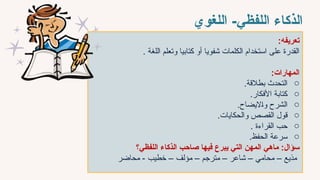 ‫اللغوي‬ -‫اللفظي‬ ‫الذكاء‬
:‫تعريفه‬
. ‫اللغة‬ ‫وتعلم‬ ‫كتابيا‬ ‫أو‬ ‫شفويا‬ ‫الكلمات‬ ‫استخدام‬ ‫على‬ ‫القدرة‬
:‫المهارات‬
o
.‫بطالقة‬ ‫التحدث‬
o
.‫األفكار‬ ‫كتابة‬
o
‫ال‬
.‫اليضاح‬7‫ا‬‫و‬ ‫شرح‬
o
.‫والحكايات‬ ‫القصص‬ ‫قول‬
o
. ‫القراءة‬ ‫حب‬
o
.‫الحفظ‬ ‫سرعة‬
‫ماهي‬ :‫سؤال‬
‫فيها‬ ‫يبرع‬ ‫التي‬ ‫المهن‬
‫اللفظي؟‬ ‫الذكاء‬ ‫صاحب‬
‫خطيب‬ – ‫مؤلف‬ – ‫مترجم‬ – ‫شاعر‬ – ‫محامي‬ – ‫مذيع‬
-
‫محاضر‬
 