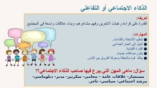 ‫التفاعلي‬ ‫أو‬ ‫االجتماعي‬ ‫الذكاء‬
:‫تعريفه‬
.‫المجتمع‬ ‫في‬ ‫واسعة‬ ‫عالقات‬ ‫وبناء‬ ،‫مشاعرهم‬ ‫وفهم‬ ‫االخرين‬ ‫رغبات‬ ‫قراءة‬ ‫على‬ ‫القدرة‬
:‫المهارات‬
●
.‫واللقاءات‬ ‫األنشطة‬ ‫تنظيم‬
●
.‫الجماعي‬ ‫العمل‬ ‫إلى‬ ‫الميل‬
●
.‫القيادية‬ ‫القدرة‬
●
.‫جديدة‬ ‫صداقات‬ ‫يكون‬
●
.‫الناس‬ ‫بين‬ ‫الفروق‬ ‫ومعرفة‬ ‫مالحظة‬ ‫قوة‬ ‫يملك‬
‫ماهي‬ :‫سؤال‬
‫فيها‬ ‫يبرع‬ ‫التي‬ ‫المهن‬
‫االجتماعي؟؟‬ ‫الذكاء‬ ‫صاحب‬
-‫دبلوماسي‬ -‫مدير‬ -‫سكرتير‬ -‫محامي‬ – ‫عامة‬ ‫عالقات‬ -‫مستشار‬
‫مرشد‬
.‫تاجر‬ -‫سياسي‬ -‫اجتماعي‬
 