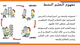 ‫النشط‬ ‫التعليم‬ ‫مفهوم‬
•
‫التدري@س‬ @
‫ت‬‫اس@تراتيجيا‬ ‫م@ن‬ @
‫ة‬‫واس@ع‬ ‫مجموع@ة‬
‫@ن‬
@‫المتعلمي‬ ‫إلشراك‬ ‫@م‬
@‫المتعل‬ ‫حول‬ ‫@ة‬
‫ز‬‫المتمرك‬
‫تعلمهم‬ ‫اثناء‬ ‫نشطين‬ ‫@اركين‬
‫ش‬‫كم‬
•
@
‫ة‬‫المس@تهدف‬ @
‫ه‬@‫نواتج‬ ‫يحق@ق‬ ‫الذي‬ ‫التعل@م‬ ‫وه@و‬
‫ف@@@ي‬ ‫المتعل@@@م‬ ‫ايجابي@@@ة‬ ‫خالل‬ ‫م@@@ن‬ @
‫ة‬@@@‫بفعالي‬
‫التفكي@ر‬ ‫عل@ى‬ ‫تحف@ز‬ ‫اثرائي@ة‬ @
‫ة‬@‫انشط‬ ‫ممارس@ة‬
‫والمتعة‬ @
‫ة‬‫بالفعالي‬ ‫وتتسم‬
 