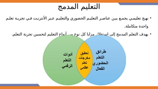 ‫المدمج‬ ‫التعليم‬
•
‫تعل@م‬ ‫تجرب@ة‬ ‫ف@ي‬ ‫األنترن@ت‬ ‫ع@بر‬ ‫والتعلي@م‬ ‫الحضوري‬ ‫التعلي@م‬ ‫عناص@ر‬ ‫بي@ن‬ ‫يجم@ع‬ ‫تعليم@ي‬ ‫نه@ج‬
.‫متكاملة‬ ‫واحدة‬
•
.‫التعلم‬ ‫تجربة‬ ‫لتحسين‬ ‫التعليم‬ ‫أنواع‬ ‫من‬ ‫نوع‬ ‫كل‬ ‫مزايا‬ ‫استغالل‬ ‫إلى‬ ‫المدمج‬ ‫التعلم‬ ‫يهدف‬
 