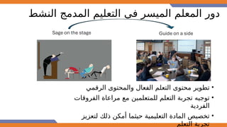 ‫النشط‬ ‫المدمج‬ ‫التعليم‬ ‫في‬ ‫الميسر‬ ‫المعلم‬ ‫دور‬
•
‫الرقمي‬ ‫والمحتوى‬ ‫الفعال‬ ‫التعلم‬ ‫محتوى‬ ‫تطوير‬
•
‫الفروقات‬ ‫مراعاة‬ ‫مع‬ ‫للمتعلمين‬ ‫التعلم‬ ‫تجربة‬ ‫توجيه‬
‫الفردية‬
•
‫لتعزيز‬ ‫ذلك‬ ‫أمكن‬ ‫حيثما‬ ‫التعليمية‬ ‫المادة‬ ‫تخصيص‬
‫التعلم‬ ‫تجربة‬
 