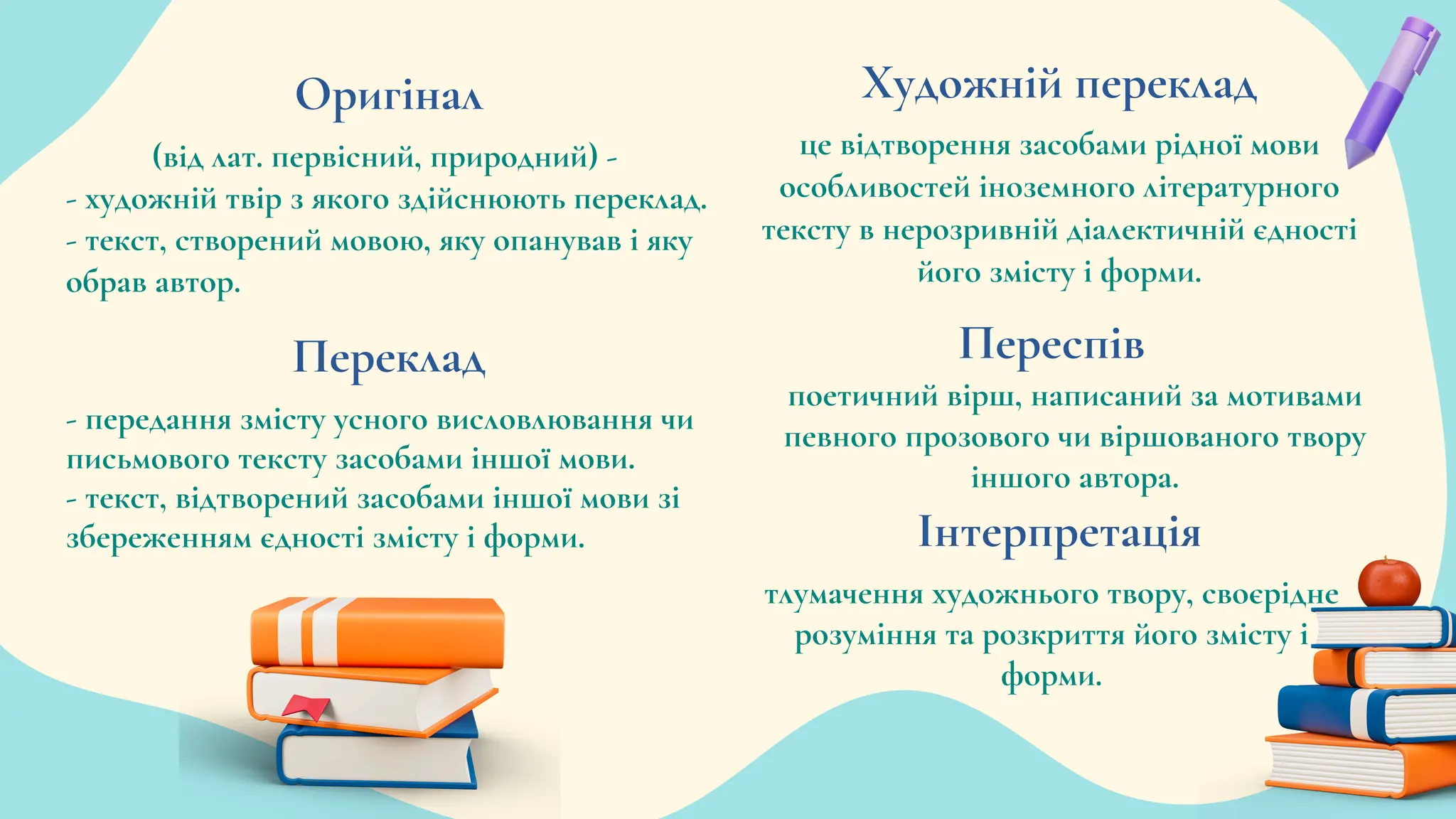 (від лат. первісний, природний) -
- художній твір з якого здійснюють переклад.
- текст, створений мовою, яку опанував і яку
обрав автор.
Оригінал
Переклад
Інтерпретація
Художній переклад
Переспів
- передання змісту усного висловлювання чи
письмового тексту засобами іншої мови.
- текст, відтворений засобами іншої мови зі
збереженням єдності змісту і форми.
це відтворення засобами рідної мови
особливостей іноземного літературного
тексту в нерозривній діалектичній єдності
його змісту і форми.
поетичний вірш, написаний за мотивами
певного прозового чи віршованого твору
іншого автора.
тлумачення художнього твору, своєрідне
розуміння та розкриття його змісту і
форми.
 