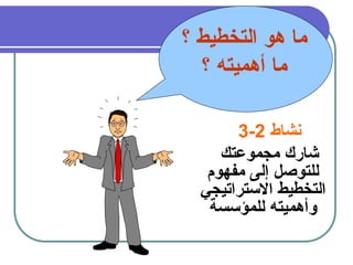 12
‫نشاط‬
2
-
3
‫مجموعتك‬ ‫شارك‬
‫مفهوم‬ ‫إلى‬ ‫للتوصل‬
‫االستراتيجي‬ ‫التخطيط‬
‫للمؤسسة‬ ‫وأهميته‬
‫؟‬ ‫التخطيط‬ ‫هو‬ ‫ما‬
‫؟‬ ‫أهميته‬ ‫ما‬
 