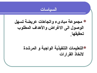 25
‫السياسات‬

‫تسهل‬ ‫عريضة‬ ‫واتجاهات‬ ‫مبادىء‬ ‫مجموعة‬
‫المطلوب‬ ‫واألهداف‬ ‫االغراض‬ ‫الى‬ ‫الوصول‬
‫تحقيقها‬

‫المرشدة‬ ‫و‬ ‫الواجبة‬ ‫التنفيذية‬ ‫التعليمات‬
‫القرارات‬ ‫التخاذ‬
 