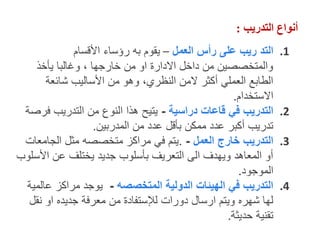 ‫التدريب‬ ‫أنواع‬
:
.1
‫العمل‬ ‫رأس‬ ‫على‬ ‫ريب‬ ‫التد‬
–
‫األقسام‬ ‫رؤساء‬ ‫به‬ ‫يقوم‬
‫يأخذ‬ ‫وغالبا‬ ، ‫خارجها‬ ‫من‬ ‫او‬ ‫االدارة‬ ‫داخل‬ ‫من‬ ‫والمتخصصين‬
‫شائعة‬ ‫األساليب‬ ‫من‬ ‫وهو‬ ،‫النظري‬ ‫المن‬ ‫أكثر‬ ‫العملي‬ ‫الطابع‬
‫االستخدام‬
.
.2
‫دراسية‬ ‫قاعات‬ ‫في‬ ‫التدريب‬
-
‫فرصة‬ ‫التدريب‬ ‫من‬ ‫النوع‬ ‫هذا‬ ‫يتيح‬
‫المدربين‬ ‫من‬ ‫عدد‬ ‫بأقل‬ ‫ممكن‬ ‫عدد‬ ‫أكبر‬ ‫تدريب‬
.
.3
‫العمل‬ ‫خارج‬ ‫التدريب‬
-
.
‫الجامعات‬ ‫مثل‬ ‫متخصصه‬ ‫مراكز‬ ‫في‬ ‫يتم‬
‫األسلوب‬ ‫عن‬ ‫يختلف‬ ‫جديد‬ ‫بأسلوب‬ ‫التعريف‬ ‫الى‬ ‫ويهدف‬ ‫المعاهد‬ ‫أو‬
‫الموجود‬
.
.4
‫المتخصصه‬ ‫الدولية‬ ‫الهيئات‬ ‫في‬ ‫التدريب‬
-
‫عالمية‬ ‫مراكز‬ ‫يوجد‬
‫نقل‬ ‫او‬ ‫جديده‬ ‫معرفة‬ ‫من‬ ‫لإلستفادة‬ ‫دورات‬ ‫ارسال‬ ‫ويتم‬ ‫شهره‬ ‫لها‬
‫حديثة‬ ‫تقنية‬
.
 