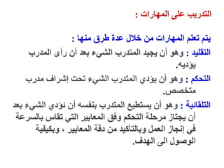 ‫المهارات‬ ‫على‬ ‫التدريب‬
:
‫منها‬ ‫طرق‬ ‫عدة‬ ‫خالل‬ ‫من‬ ‫المهارات‬ ‫تعلم‬ ‫يتم‬
:
‫التقليد‬
:
‫المدرب‬ ‫رأى‬ ‫أن‬ ‫بعد‬ ‫الشيء‬ ‫المتدرب‬ ‫يجيد‬ ‫أن‬ ‫وهو‬
‫يؤديه‬
.
‫التحكم‬
:
‫مدرب‬ ‫إشراف‬ ‫تحت‬ ‫الشيء‬ ‫المتدرب‬ ‫يؤدي‬ ‫أن‬ ‫وهو‬
‫متخصص‬
.
‫التلقائية‬
:
‫بعد‬ ‫الشيء‬ ‫ئؤدي‬ ‫أن‬ ‫بنفسه‬ ‫المتدرب‬ ‫يستطيع‬ ‫أن‬ ‫وهو‬
‫بالسرعة‬ ‫تقاس‬ ‫التي‬ ‫المعايير‬ ‫وفق‬ ‫التحكم‬ ‫مرحلة‬ ‫يجتاز‬ ‫أن‬
‫وبكيفية‬ ، ‫المعايير‬ ‫دقة‬ ‫من‬ ‫وبالتأكيد‬ ‫العمل‬ ‫إنجاز‬ ‫في‬
‫الهدف‬ ‫الى‬ ‫الوصول‬
.
 