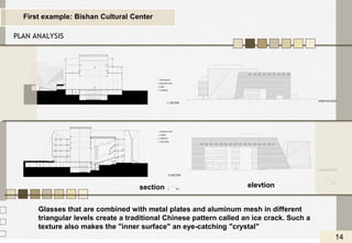 section elevtion
Glasses that are combined with metal plates and aluminum mesh in different
triangular levels create a traditional Chinese pattern called an ice crack. Such a
texture also makes the "inner surface" an eye-catching "crystal"
PLAN ANALYSIS
First example: Bishan Cultural Center
14
 