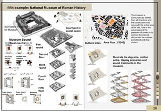 The museum is
surrounded by streets
from all directions and
the construction was
done with the entire area
of the site. One of the
advantages of the
presence of streets is to
connect the internal
atrium with the outsider
and attract and drop
visitors.
Area Plan (1/2000)
Cultural sites
Illustrate the degrams, motion
paths, display scenarios and
sound treatments in the
museum.
Courtyard in
social space
First
round
Second
floor
Third
round
Fifth
floor
Fourth
floor
Museum
battery
Track (first +
second)
Track (first +
second)
‫المسار‬
(
‫االول‬
+
‫الثاني‬
) ‫المسار‬
(
‫االرضي‬ ‫الدور‬
)
ISO Metric Perspective
for Museum
Museum Sound
TreatmentsUnder the
sound
Vertical
relations
The road
around
Togan
columns
Access from
different
heights of the
street
‫الراسيه‬ ‫العالقات‬
‫االفقيه‬ ‫العالقات‬
‫المسار‬
fifth example: National Museum of Roman History
26
 