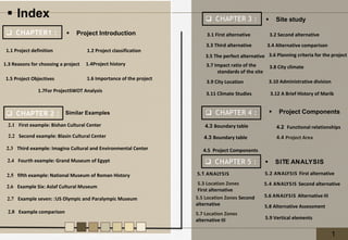 1.1 Project definition
1.3 Reasons for choosing a project
1.5 Project Objectives
1.2 Project classification
1.6 Importance of the project
1.7For ProjectSWOT Analysis
1.4Project history
▪ Project Introduction
❑ CHAPTER :
1
2.1 First example: Bishan Cultural Center
2.2 Second example: Blasin Cultural Center
2.3 Third example: Imagina Cultural and Environmental Center
2.4 Fourth example: Grand Museum of Egypt
2.5 fifth example: National Museum of Roman History
2.7 Example seven: :US Olympic and Paralympic Museum
2.6 Example Six: Aslaf Cultural Museum
Similar Examples
❑ CHAPTER 2 :
3.1 First alternative 3.2 Second alternative
3.3 Third alternative 3.4 Alternative comparison
3.5 The perfect alternative 3.6 Planning criteria for the project
3.7 Impact ratio of the
standards of the site
3.8 City climate
3.9 City Location 3.10 Administrative division
3.11 Climate Studies 3.12 A Brief History of Marib
▪ Site study
❑ CHAPTER 3 :
▪ Project Components
❑ CHAPTER 4 :
5.2 ANALYSIS First alternative
4.3 Boundary table 4.4 Project Area
4.2 Functional relationships
4.5 Project Components
❑ CHAPTER 5 : ▪ SITE ANALYSIS
5.1 ANALYSIS
5.3 Location Zones
First alternative
5.5 Location Zones Second
alternative
5.6 ANALYSIS Alternative III
5.4 ANALYSIS Second alternative
4.3 Boundary table
5.7 Location Zones
alternative III
5.8 Alternative Assessment
5.9 Vertical elements
▪ Index
2.8 Example comparison
1
 