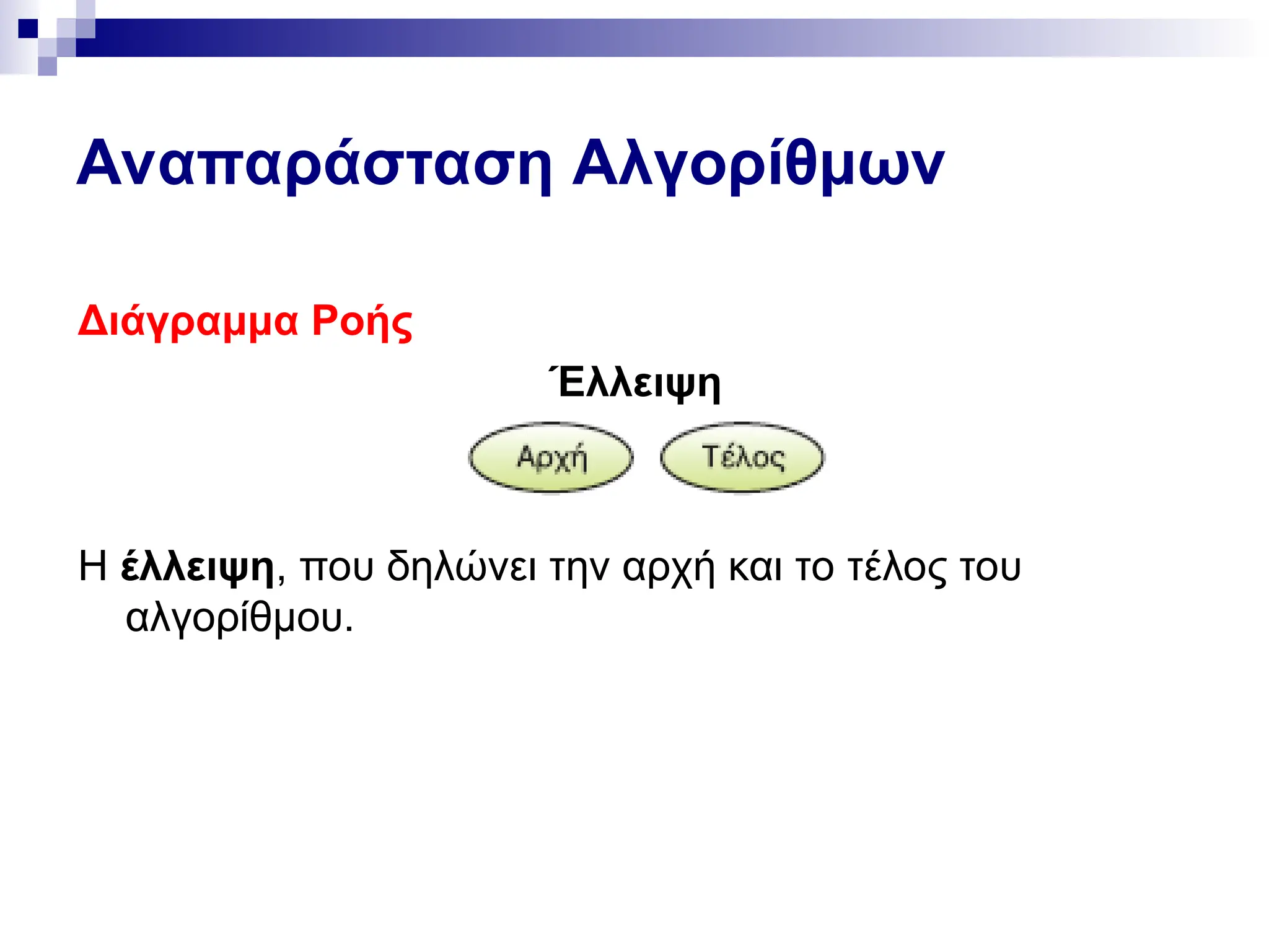 Αναπαράσταση Αλγορίθμων
Διάγραμμα Ροής
Έλλειψη
Η έλλειψη, που δηλώνει την αρχή και το τέλος του
αλγορίθμου.
 