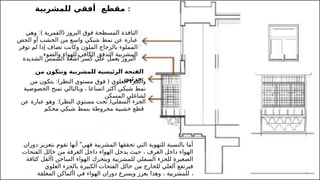 17
‫للمشربية‬ ‫أفقي‬ ‫مقطع‬ :
‫ا‬
‫من‬ ‫وتتكون‬ ‫للمشربية‬ ‫الرئيسية‬ ‫لفتحة‬
‫جزئين‬:
‫السفلي‬ ‫الجزء‬
(
‫النظر‬ ‫مستوي‬ ‫تحت‬
:)
‫عن‬ ‫عبارة‬ ‫وهو‬
‫محكم‬ ‫شبكي‬ ‫بنمط‬ ‫مخروطة‬ ‫خشبية‬ ‫قطع‬
‫العلوي‬ ‫والجزء‬
(
‫النظر‬ ‫مستوي‬ ‫فوق‬
:)
‫من‬ ‫يتكون‬
‫الخصوصية‬ ‫تمنح‬ ‫وبالتالي‬ ، ‫اتساعا‬ ‫أكثر‬ ‫شبكي‬ ‫نمط‬
‫المسكن‬ ‫لشاغلي‬
‫الشديدة‬ ‫الشمس‬ ‫أشعة‬ ‫كسر‬ ‫علي‬ ‫يعمل‬ ‫البروز‬
‫ا‬
‫البروز‬ ‫فوق‬ ‫المسطحة‬ ‫لنافذة‬
(
‫القمرية‬
:)
‫وهي‬
‫الجص‬ ‫أو‬ ‫الخشب‬ ‫من‬ ‫واسع‬ ‫شبكي‬ ‫نمط‬ ‫عن‬ ‫عبارة‬
‫توفر‬ ‫لم‬ ‫إذا‬ ‫تضاف‬ ‫وكانت‬ ‫الملون‬ ‫بالزجاج‬ ‫المملوء‬
‫والضوء‬ ‫للهواء‬ ‫الكافي‬ ‫التدفق‬ ‫المشربية‬
"
‫دوران‬ ‫بتعزيز‬ ‫تقوم‬ ‫أنها‬ ‫فهي‬ ‫المشربية‬ ‫تحققها‬ ‫التي‬ ‫للتهوية‬ ‫بالنسبة‬ ‫أما‬
‫الفتحات‬ ‫خالل‬ ‫من‬ ‫الغرفة‬ ‫داخل‬ ‫الهواء‬ ‫يدخل‬ ‫حيث‬ ، ‫الغرف‬ ‫داخل‬ ‫الهواء‬
‫كثافة‬ ‫األقل‬ ‫الساخن‬ ‫الهواء‬ ‫ويتحرك‬ ‫للمشربية‬ ‫السفلي‬ ‫للجزء‬ ‫الصغيرة‬
‫العلوي‬ ‫بالجزء‬ ‫الكبيرة‬ ‫الفتحات‬ ‫خالل‬ ‫من‬ ‫للخارج‬ ‫ألعلي‬ ‫فيرتفع‬
‫المغلقة‬ ‫األماكن‬ ‫في‬ ‫الهواء‬ ‫دوران‬ ‫ويسرع‬ ‫يعزز‬ ‫وهذا‬ ، ‫للمشربية‬ ،
 