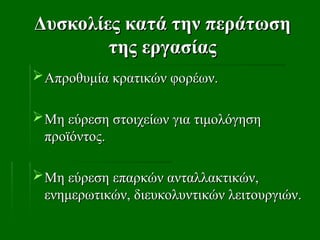 Δυσκολίες κατά την περάτωση
Δυσκολίες κατά την περάτωση
της εργασίας
της εργασίας
Απροθυμία κρατικών φορέων.
Απροθυμία κρατικών φορέων.
Μη εύρεση στοιχείων για τιμολόγηση
Μη εύρεση στοιχείων για τιμολόγηση
προϊόντος.
προϊόντος.
Μη εύρεση επαρκών ανταλλακτικών,
Μη εύρεση επαρκών ανταλλακτικών,
ενημερωτικών, διευκολυντικών λειτουργιών.
ενημερωτικών, διευκολυντικών λειτουργιών.
 