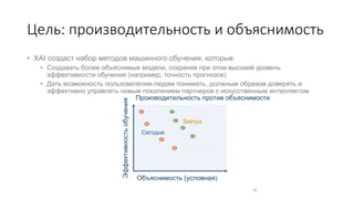 Цель: производительность и объяснимость
• XAI создаст набор методов машинного обучения, которые
• Создавать более объяснимые модели, сохраняя при этом высокий уровень
эффективности обучения (например, точность прогнозов)
• Дать возможность пользователям-людям понимать, должным образом доверять и
эффективно управлять новым поколением партнеров с искусственным интеллектом
16
Объяснимость (условная)
Эффективность
обучения
Cегодня
Завтра
Производительность против объяснимости
 