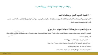 Copy Right ‫جراح‬ ‫محمد‬ ‫د‬
‫ابعا‬‫ر‬
:
‫والتحديث‬‫والتنسيت‬ ‫طة‬ ‫ال‬ ‫مراجعة‬
(1
)
‫ى‬‫أخر‬ ‫منظمات‬‫مع‬ ‫العملي‬ ‫يب‬‫ر‬‫التد‬ ‫تنسيت‬
‫ممؤال‬‫يلك‬‫ن‬‫ياو‬‫عندما‬‫املحليسن‬ ‫االطفاء‬‫ودائرة‬‫الشرطة‬ ‫سم‬ ‫يبات‬‫ر‬‫التد‬ ‫في‬ ‫تام‬‫أن‬‫تكس‬ ‫ال‬
‫اوبعد‬
‫ف‬‫لتقييم‬‫ة‬‫ر‬‫واإلدا‬‫فسن‬ ‫املو‬ ‫اجمج‬ ‫عملي‬‫يل‬‫ر‬‫تد‬ ‫كل‬
‫وتحديد‬‫يل‬‫ر‬‫التد‬‫عالية‬
‫تحسسن‬ ‫ثم‬ ‫والاعف‬‫القوة‬ ‫ماامال‬
‫الخطة‬
.
4
)
‫ي‬‫ر‬‫دو‬‫بشكل‬ ‫ئ‬‫للطوار‬‫االستجابة‬ ‫خطة‬ ‫على‬ ‫التحديثات‬ ‫اء‬‫ر‬‫إج‬
‫مستمر‬‫شال‬ ‫يتلسرون‬‫واألصخاص‬‫العمليات‬
,
‫الطوار‬ ‫في‬‫لتستخدم‬‫القيمة‬‫عديمة‬‫أو‬‫ليلة‬ ‫ن‬‫ستاو‬‫القديمة‬‫والخطة‬
,
‫محت‬‫فعالية‬‫وتقيم‬‫اجج‬‫ر‬‫ت‬‫أن‬‫يجل‬
‫شال‬ ‫خطتك‬‫ويات‬
‫ي‬‫ر‬‫دو‬
,
‫بتحديثها‬‫وتقوم‬
:
•
‫الخطة‬ ‫في‬‫لطصخاص‬‫ليات‬‫و‬‫واملسؤ‬‫ر‬‫الدو‬‫يتلسر‬ ‫عندما‬
•
‫للمؤسسة‬ ‫الداخلي‬ ‫التصميم‬‫ىليسر‬ ‫يتم‬ ‫عندما‬
,
‫خطرة‬‫مواد‬‫أو‬ ‫جديدة‬‫معدات‬ ‫تاا‬‫أو‬
•
‫الطوار‬‫ومخارة‬ ‫منافذ‬‫على‬ ‫تؤثر‬ ‫ر‬‫أمو‬‫ىستجد‬
•
‫العمل‬ ‫ماان‬‫في‬‫ىستحدث‬‫جديدة‬ ‫أخطار‬
,
‫خاصة‬‫استجابات‬‫يستلمم‬ ‫ما‬
.
 