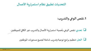 Copy Right ‫جراح‬ ‫محمد‬ ‫د‬
.1
‫يب‬‫ر‬‫والتد‬ ‫الوعي‬‫نقص‬
:
❑
‫تحدي‬
:
‫لل‬ ‫الاافي‬ ‫غسر‬‫يل‬‫ر‬‫والتد‬‫األعمال‬ ‫ية‬‫ر‬‫ا‬‫ر‬‫استم‬ ‫باهمية‬‫الوعي‬ ‫نقص‬
‫فسن‬ ‫مو‬
.
❑
‫الحل‬
:
‫فسن‬ ‫املو‬ ‫مستويات‬ ‫لجميج‬ ‫شاملة‬ ‫يل‬‫ر‬‫وتد‬‫توعية‬ ‫امج‬‫ر‬‫ب‬ ‫تنظيم‬
‫ت‬ ‫التحديات‬
‫طبيت‬
‫األعمال‬ ‫ية‬‫ر‬‫استمرا‬‫نظام‬
 
