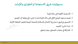 Copy Right ‫جراح‬ ‫محمد‬ ‫د‬
.1
‫ئة‬‫ر‬‫طا‬ ‫حالة‬ ‫الي‬ ‫األولية‬ ‫االستجابة‬
.2
‫املعنيسن‬ ‫الى‬ ‫ورفعة‬ ‫اولي‬ ‫تقرير‬ ‫واعداد‬ ‫ئة‬‫ر‬‫طا‬ ‫حاله‬ ‫الي‬ ‫االولي‬ ‫الوضج‬ ‫ى‬‫مستو‬ ‫تقييم‬
.3
‫ال‬ ‫الخطط‬ ‫لتفعيل‬ ‫نية‬ ‫امل‬ ‫والصحة‬ ‫والسامة‬ ‫االعمال‬ ‫ية‬‫ر‬‫ا‬‫ر‬‫استم‬ ‫فريق‬‫مج‬ ‫التكسيق‬
‫مة‬‫ز‬‫ا‬
.4
‫التقييم‬ ‫تقرير‬ ‫اعداد‬
.5
‫ينطبق‬ ‫حيثما‬ ‫التحقيق‬ ‫عمليات‬ ‫في‬‫املشاركة‬
‫ليات‬‫و‬‫مسؤ‬
‫مات‬‫ز‬‫واأل‬ ‫ئ‬‫الطوار‬‫او‬‫االستجابة‬‫فريت‬
 