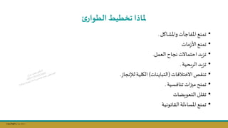 Copy Right ‫جراح‬ ‫محمد‬ ‫د‬
‫ئ‬‫الطوار‬‫تخطيو‬ ‫ملاذا‬
•
‫واملشاكل‬‫املفاجآت‬‫تمنج‬
.
•
‫تمنج‬
‫األ‬
‫مات‬‫ز‬
•
‫ال‬ ‫نجاح‬ ‫احتماالت‬‫تميد‬
‫عمل‬
.
•
‫الربحية‬‫تميد‬
.
•
‫االختافات‬‫تنقص‬
(
‫التباينات‬
)
‫الالية‬
‫لإلنجاز‬
.
•
‫تنافسية‬‫ات‬‫ز‬‫مس‬‫تمنح‬
.
•
‫التعوياات‬‫تقلل‬
•
‫القانونية‬‫املساءلة‬‫تمنج‬
 