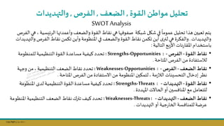 Copy Right ‫جراح‬ ‫محمد‬ ‫د‬
‫القوة‬ ‫مواط‬ ‫تحليل‬
,
‫اللعف‬
,
‫الفرص‬
,
‫والتهديدات‬
SWOTAnalysis
‫ئيس‬‫ر‬‫ال‬ ‫ها‬ ‫وأعمد‬ ‫والاعف‬ ‫القوة‬ ‫نقاط‬‫هي‬ ‫ا‬ ‫صفوف‬ ‫شبؤة‬ ‫شال‬‫في‬
ً
‫عموما‬ ‫تحليل‬ ‫هذا‬ ‫ىعيسن‬ ‫يتم‬
‫الفرص‬‫هي‬ ‫ية‬
‫هديدات‬ ‫وال‬
.
‫الفرص‬ ‫نقاط‬ ‫تؤمال‬ ‫وأيال‬ ‫املنظومة‬‫في‬ ‫والاعف‬ ‫القوة‬ ‫نقاط‬ ‫تؤمال‬ ‫أيال‬ ‫ى‬‫لنر‬‫هي‬ ‫والفؤرة‬
‫هديدات‬ ‫وال‬
‫التالية‬ ‫بج‬‫ر‬‫األ‬ ‫نات‬‫ر‬‫املقا‬ ‫باستخدام‬
:
•
‫القوة‬‫نقاط‬
-
‫الفرص‬
-
Strengths-Opportunities :
:
‫للمنظومة‬ ‫التنظيمية‬ ‫القوة‬‫مساعدة‬‫كيفية‬ ‫تحدد‬
‫املتاحة‬ ‫الفرص‬‫مال‬ ‫لاستفادة‬
.
•
‫اللعف‬‫نقاط‬
-
‫الفرص‬
-
Weaknesses-Opportunities :
:
‫ة‬ ‫وج‬ ‫مال‬ ‫التنظيمية‬ ‫الاعف‬ ‫نقاط‬‫تحدد‬
‫املتاحة‬ ‫الفرص‬‫مال‬‫االستفادة‬‫مال‬ ‫املنظومة‬ ‫لتمؤسن‬ ‫مة‬‫ز‬‫الا‬ ‫التحسينات‬‫إدخال‬ ‫نظر‬
.
•
‫القوة‬‫نقاط‬
-
‫التهديدات‬
-
Strengths-Threats :
:
‫املنظومة‬ ‫لدى‬ ‫التنظيمية‬ ‫القوة‬‫مساعدة‬‫كيفية‬‫تحدد‬
‫ددة‬ ‫امل‬ ‫الحاالت‬‫أو‬ ‫املنافسسن‬‫مج‬ ‫للتعامل‬
.
•
‫اللعف‬‫نقاط‬
-
‫التهديدات‬
-
Weaknesses-Threats:
:
‫املنظو‬ ‫التنظيمية‬ ‫الاعف‬ ‫نقاط‬‫تترل‬ ‫كيف‬‫تحدد‬
‫مة‬
‫هديدات‬ ‫ال‬‫أو‬ ‫جية‬‫ر‬‫الخا‬ ‫للمنافسة‬ ‫عرضة‬
.
76
 