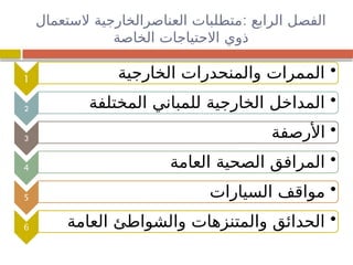 :
‫الستعمال‬ ‫العناصرالخارجية‬ ‫متطلبات‬ ‫الرابع‬ ‫الفصل‬
‫الخاصة‬ ‫االحتياجات‬ ‫ذوي‬
1
•
‫الخارجية‬ ‫والمنحدرات‬ ‫الممرات‬
2
•
‫المختلفة‬ ‫للمباني‬ ‫الخارجية‬ ‫المداخل‬
3
•
‫األرصفة‬
4
•
‫العامة‬ ‫الصحية‬ ‫المرافق‬
5
•
‫السيارات‬ ‫مواقف‬
6
•
‫العامة‬ ‫والشواطئ‬ ‫والمتنزهات‬ ‫الحدائق‬
 