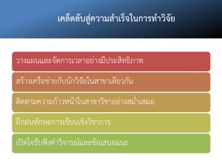 เคล็ดลับสู่ความสาเร็จในการทาวิจัย
วางแผนและจัดการเวลาอย่างมีประสิทธิภาพ
สร้างเครือข่ายกับนักวิจัยในสาขาเดียวกัน
ติดตามความก้าวหน้าในสาขาวิชาอย่างสม่าเสมอ
ฝึกฝนทักษะการเขียนเชิงวิชาการ
เปิดใจรับฟังคาวิจารณ์และข้อเสนอแนะ
 