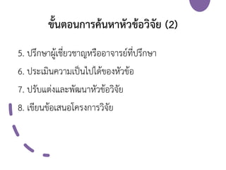 ขั้นตอนการค้นหาหัวข้อวิจัย (2)
5. ปรึกษาผู้เชี่ยวชาญหรืออาจารย์ที่ปรึกษา
6. ประเมินความเป็นไปได้ของหัวข้อ
7. ปรับแต่งและพัฒนาหัวข้อวิจัย
8. เขียนข้อเสนอโครงการวิจัย
 